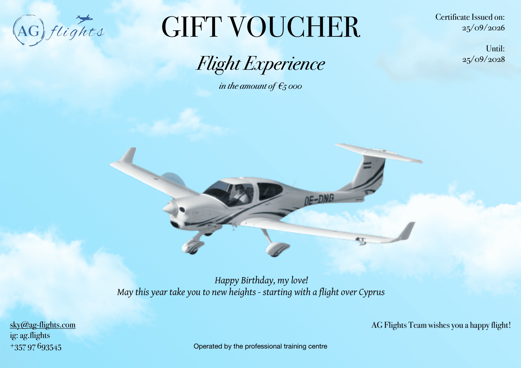 AG Flights gift voucher for a flight experience in Cyprus